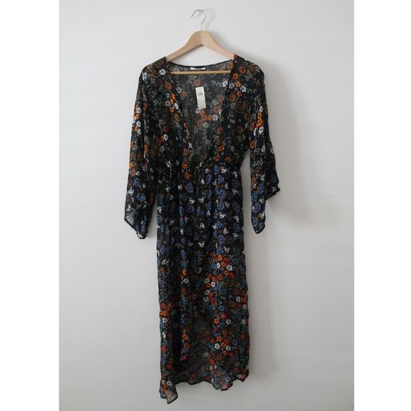 Anthropologie Primrose Kimono / One Size / Black Floral Motif Long Robe - Picture 4 of 7